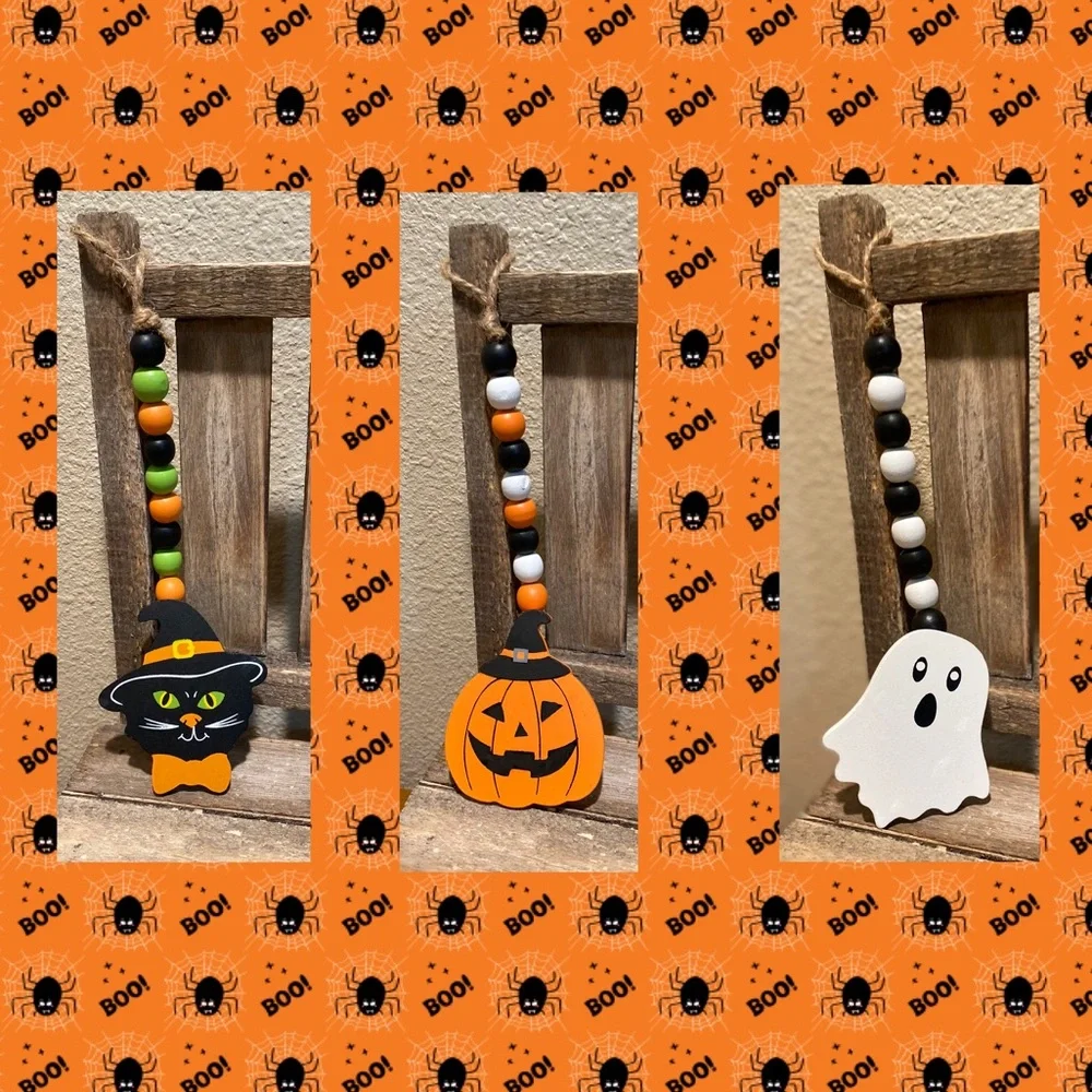 Halloween Beaded Garland Set Of 3, Black Cat Garland, Ghost Beaded Garland Set